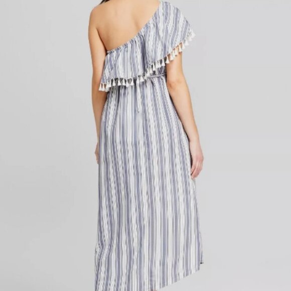 Isabel Maternity Blue White Stripe One Shoulder Asymmetrical Tassel Maxi Dress L - Picture 9 of 9